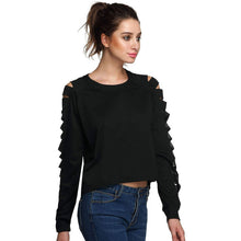 Women O-Neck Cut Long Sleeve Loose Shirt Pullover Casual Crop Top Hole Decoration blusas femininas ELY
