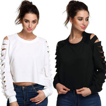 Women O-Neck Cut Long Sleeve Loose Shirt Pullover Casual Crop Top Hole Decoration blusas femininas ELY
