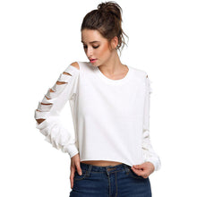 Women O-Neck Cut Long Sleeve Loose Shirt Pullover Casual Crop Top Hole Decoration blusas femininas ELY
