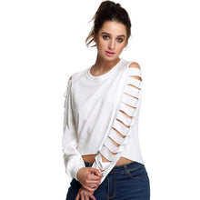 Women O-Neck Cut Long Sleeve Loose Shirt Pullover Casual Crop Top Hole Decoration blusas femininas ELY