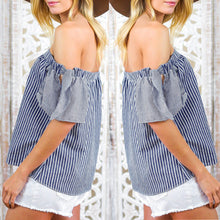 Off Shoulder Blue Striped Women Blouses Crochet Shirts Women Tops Slash Neck Blouses Blusa Feminino Women Tops ELY