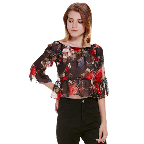 Off Shoulder Floral Print Women Blouses Tops Long Sleeve Chiffon Shirt Women Blusa Plus Size blusas femininas ELY