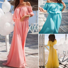 Off Shoulder Party Dresses Super Soft Chiffon Slash Neck Dress Solid Bohemian Beach Vestidos Long Dress1STL ELY