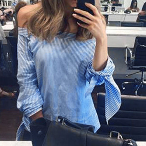 Off Shoulder Women Blouse Casual Slash Neck Blusas Loose Stripe White Cotton Tops Camisa Feminina Women Clothes ELY