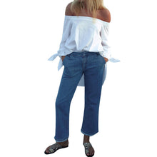 Off Shoulder Women Blouse Casual Slash Neck Blusas Loose Stripe White Cotton Tops Camisa Feminina Women Clothes ELY