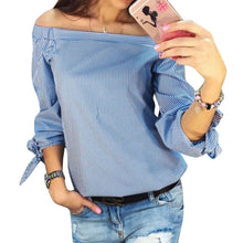 Off Shoulder Women Blouse Casual Slash Neck Blusas Loose Stripe White Cotton Tops Camisa Feminina Women Clothes ELY