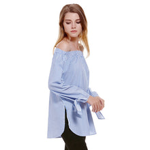 Off Shoulder Women Blouse Casual Slash Neck Blusas Loose Stripe White Cotton Tops Camisa Feminina Women Clothes ELY