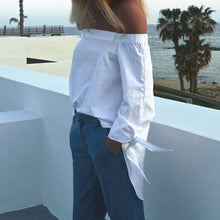 Off Shoulder Women Blouse Casual Slash Neck Blusas Loose Stripe White Cotton Tops Camisa Feminina Women Clothes ELY