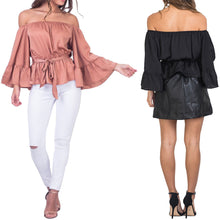 Off Shoulder blouse tops Eleastic Waist Long Sleeve Women tops Blusa Feminino Slash Neck Women Shirt Flare Sleeve Blusas ELY