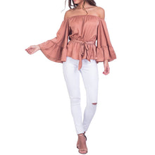Off Shoulder blouse tops Eleastic Waist Long Sleeve Women tops Blusa Feminino Slash Neck Women Shirt Flare Sleeve Blusas ELY