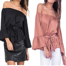Off Shoulder blouse tops Eleastic Waist Long Sleeve Women tops Blusa Feminino Slash Neck Women Shirt Flare Sleeve Blusas ELY