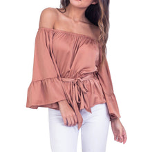 Off Shoulder blouse tops Eleastic Waist Long Sleeve Women tops Blusa Feminino Slash Neck Women Shirt Flare Sleeve Blusas ELY