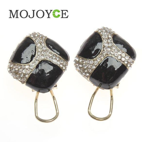 Retro Ladies Square Black Enamel Rhinestone Party Ear Stud Earrings 1STL ELY