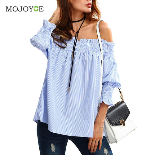 Sexy Off Shoulder Women Blouses Long Sleeve Casual ShirtTops Blusa Shirt Women Blue Stripe Women Tops Blusas Femininas ELY