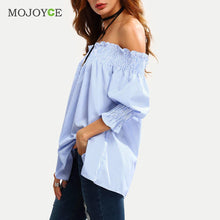 Sexy Off Shoulder Women Blouses Long Sleeve Casual ShirtTops Blusa Shirt Women Blue Stripe Women Tops Blusas Femininas ELY