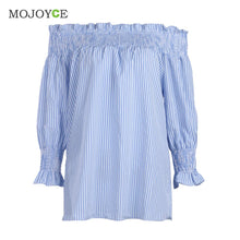 Sexy Off Shoulder Women Blouses Long Sleeve Casual ShirtTops Blusa Shirt Women Blue Stripe Women Tops Blusas Femininas ELY