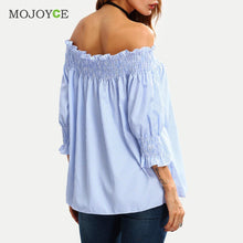 Sexy Off Shoulder Women Blouses Long Sleeve Casual ShirtTops Blusa Shirt Women Blue Stripe Women Tops Blusas Femininas ELY