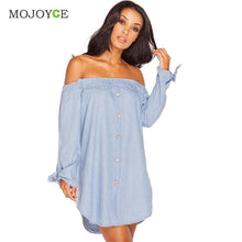 Slash Neck Women Dress Loose Denim Dress Vestidos Sexy Off Shoulder Long Sleeve Cotton Dress Vestido De Festa ELY