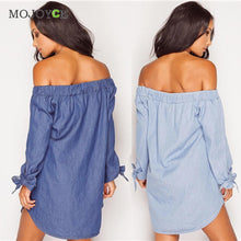 Slash Neck Women Dress Loose Denim Dress Vestidos Sexy Off Shoulder Long Sleeve Cotton Dress Vestido De Festa ELY