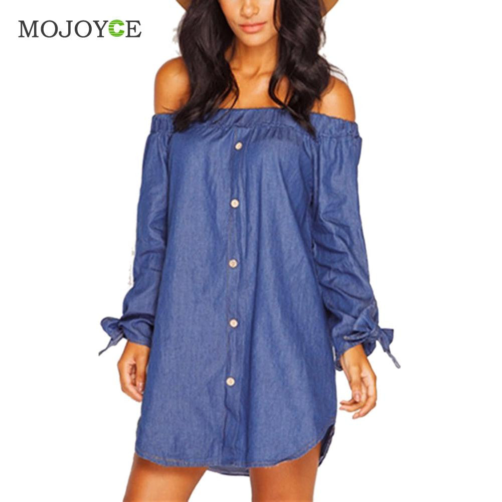 Slash Neck Women Dress Loose Denim Dress Vestidos Sexy Off Shoulder Long Sleeve Cotton Dress Vestido De Festa ELY