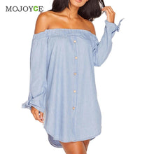 Slash Neck Women Dress Loose Denim Dress Vestidos Sexy Off Shoulder Long Sleeve Cotton Dress Vestido De Festa ELY