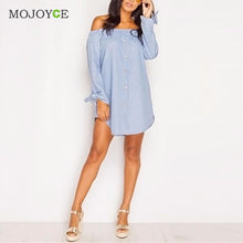 Slash Neck Women Dress Loose Denim Dress Vestidos Sexy Off Shoulder Long Sleeve Cotton Dress Vestido De Festa ELY