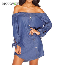 Slash Neck Women Dress Loose Denim Dress Vestidos Sexy Off Shoulder Long Sleeve Cotton Dress Vestido De Festa ELY