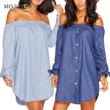 Slash Neck Women Dress Loose Denim Dress Vestidos Sexy Off Shoulder Long Sleeve Cotton Dress Vestido De Festa ELY
