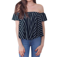 Striped Women Blouses Tops Off Shoulder Top Shirts Women Loose Elastic Ruffle Blusas Camisa Feminina Women Tops ELY