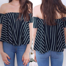 Striped Women Blouses Tops Off Shoulder Top Shirts Women Loose Elastic Ruffle Blusas Camisa Feminina Women Tops ELY