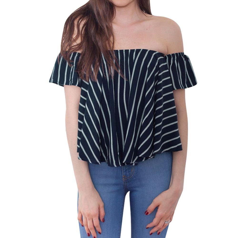 Striped Women Blouses Tops Off Shoulder Top Shirts Women Loose Elastic Ruffle Blusas Camisa Feminina Women Tops ELY