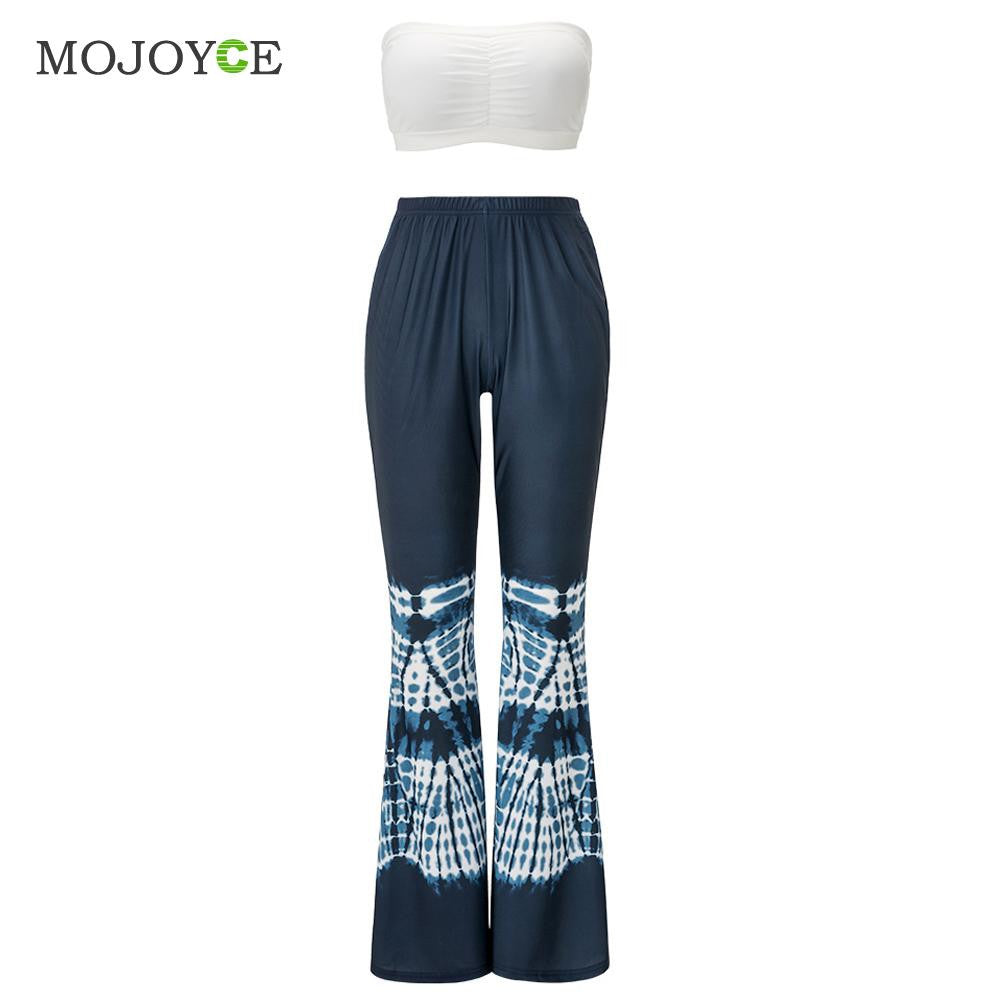 Two Pieces Women Sets Sleeveless Bandage Bodycon Top Trousers High Waist Crop Top Printing Pants ELY