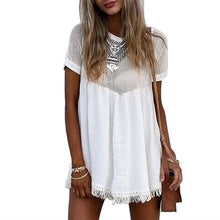 White Mesh Polyester Splice Women Dress O-neck Tassels Short Sleeve Loose Mini Dress Vestido de Festa Renda 1STL ELY