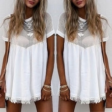 White Mesh Polyester Splice Women Dress O-neck Tassels Short Sleeve Loose Mini Dress Vestido de Festa Renda 1STL ELY