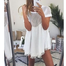 White Mesh Polyester Splice Women Dress O-neck Tassels Short Sleeve Loose Mini Dress Vestido de Festa Renda 1STL ELY