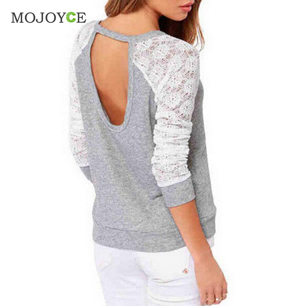 Women Backless Embroidery Lace T Shirts Casual Long Sleeve Tee Blusa Crop Top ASAutimn Tshirt Women Cropped Feminino ELY