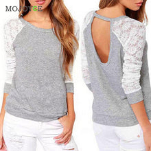 Women Backless Embroidery Lace T Shirts Casual Long Sleeve Tee Blusa Crop Top ASAutimn Tshirt Women Cropped Feminino ELY