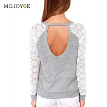 Women Backless Embroidery Lace T Shirts Casual Long Sleeve Tee Blusa Crop Top ASAutimn Tshirt Women Cropped Feminino ELY