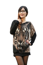 Women Black Sweaters Tiger Print Crewneck Batwing Sweater Casual Jumper Pullover ELY