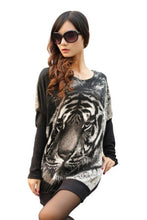 Women Black Sweaters Tiger Print Crewneck Batwing Sweater Casual Jumper Pullover ELY