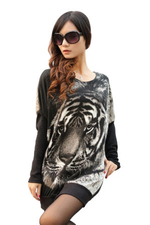 Women Black Sweaters Tiger Print Crewneck Batwing Sweater Casual Jumper Pullover ELY