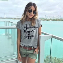 Women Casual Short Sleeve Shirt T-shirt Letter Print T- Shirts Gray Cotton Blended Top 1STL ELY