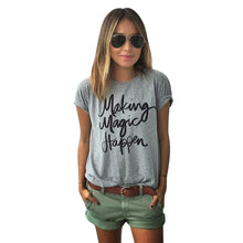Women Casual Short Sleeve Shirt T-shirt Letter Print T- Shirts Gray Cotton Blended Top 1STL ELY