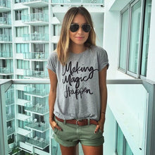 Women Casual Short Sleeve Shirt T-shirt Letter Print T- Shirts Gray Cotton Blended Top 1STL ELY