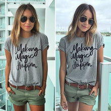Women Casual Short Sleeve Shirt T-shirt Letter Print T- Shirts Gray Cotton Blended Top 1STL ELY