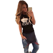Women Casual T-shirt Letter Printing Black Short Sleeve Shirt Top 1STL ELY