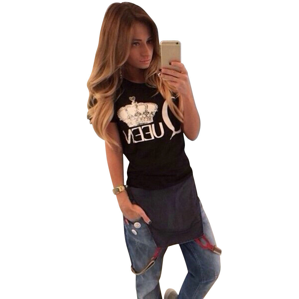 Women Casual T-shirt Letter Printing Black Short Sleeve Shirt Top 1STL ELY