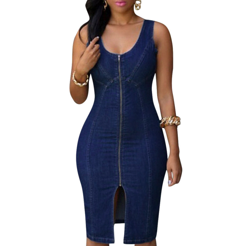 Women Denim Dress Blue Denim Dress Zip U-Neck Denim Bodycon Dress Casual Sleeveless Denim Dresses Women M L XL 1STL ELY