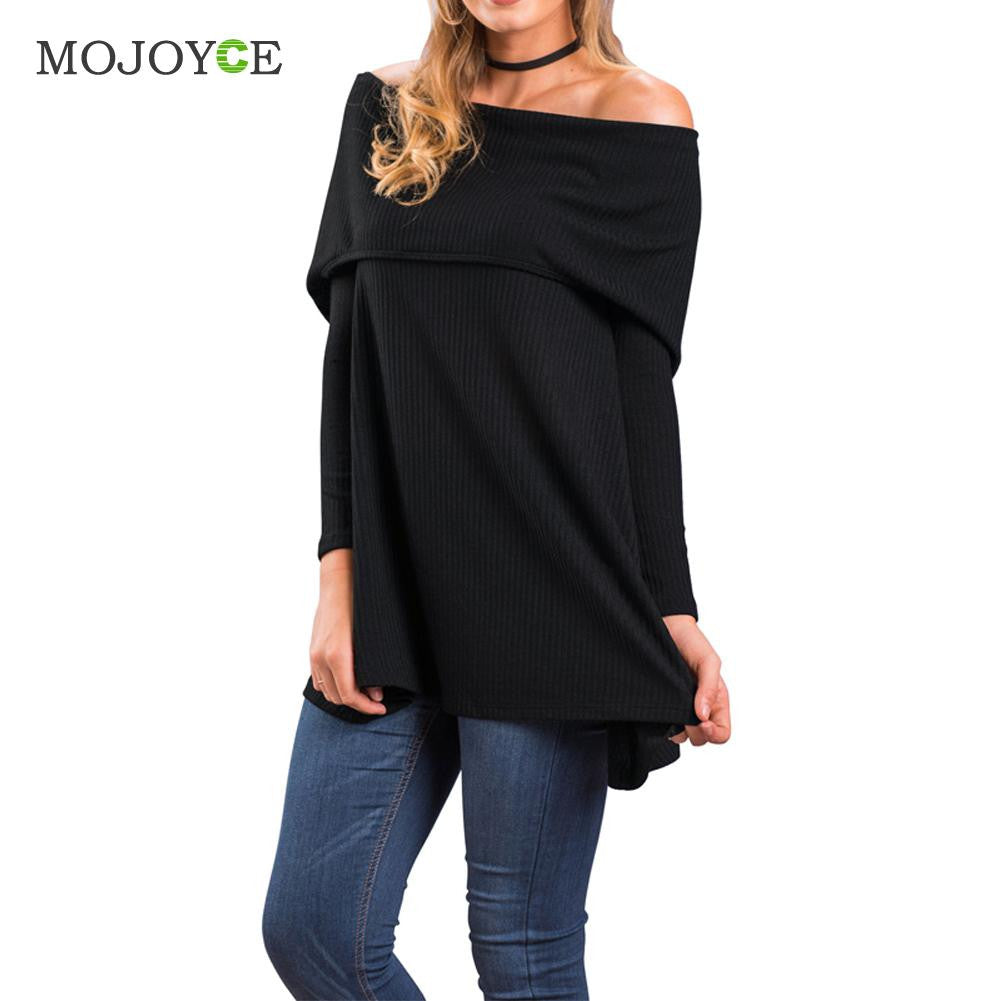 Women Knit T Shirt Long Sleeved Word Shoulder Knit Top Blusa Slash Neck Black Women Tops Pullover Off Shoulder Tee ELY