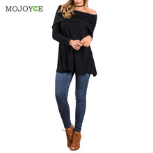 Women Knit T Shirt Long Sleeved Word Shoulder Knit Top Blusa Slash Neck Black Women Tops Pullover Off Shoulder Tee ELY
